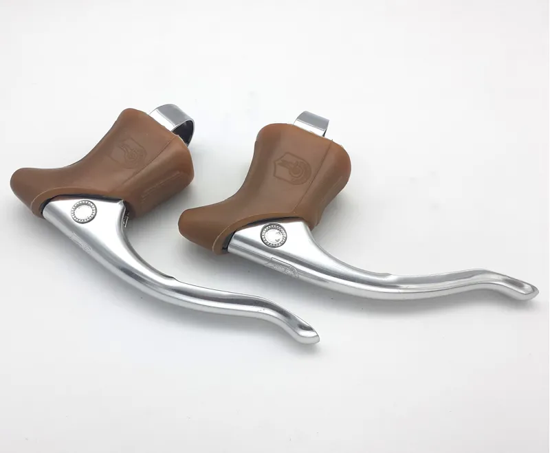 Campagnolo Triomphe Brake Levers In Silver with Gum Brown Hoods NOS Shop Soiled-3