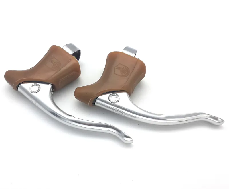 Campagnolo Triomphe Brake Levers In Silver with Gum Brown Hoods NOS Shop Soiled-2