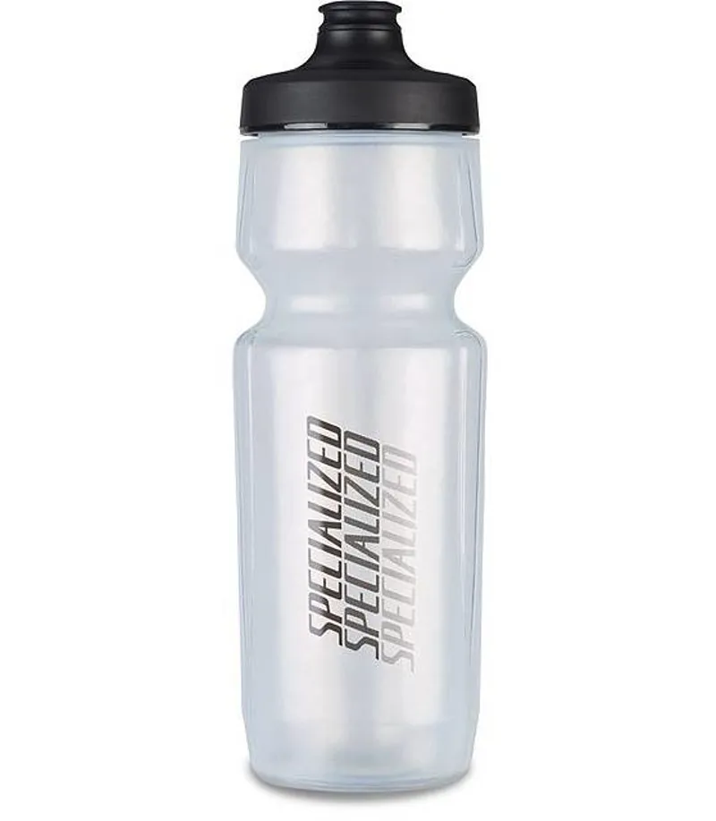 Specialized Purist Hydroflo WaterGate 23oz Water Bottle in Clear Stacked Logo with Black Lid