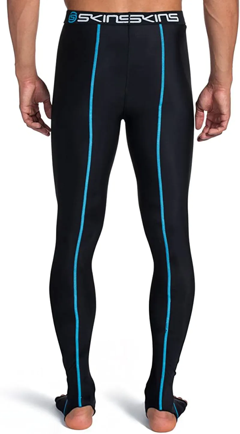 Skins Travel and Recovery Compression Tights in Black with Blue Stitching size ML-1