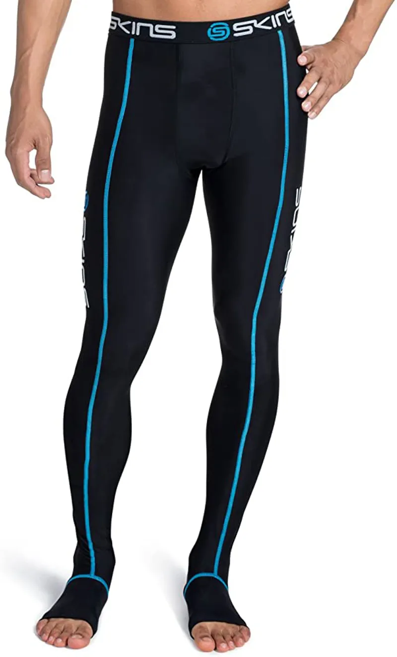 Skins Travel and Recovery Compression Tights in Black with Blue