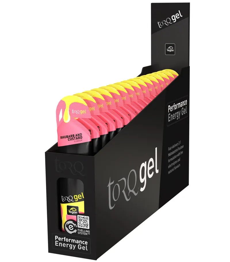 Torq Rhubarb and Custard Flavour Energy Gels in a Box of 15